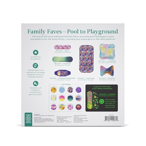 Welly Bandage Large Refill Pack | Adhesive Flexible Fabric, Glow-in-the-Dark & Waterproof Bandages | Assorted Shapes and Patterns for Minor Cuts, Scrapes, and Wounds - 160 Count - size: 160 Count (Pack of 1)