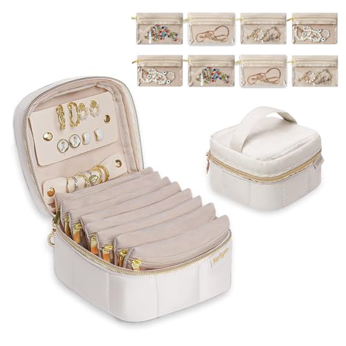 KarSyon Travel Jewelry Case Organizer Jewelry Box with 8 Velvet Pouches Mini Jewelry Organizers Storage for Girls/Women Small Cute Puffer Bags for Earrings,Rings,Necklaces,Bracelets (Beige, Small) - color: Beige, size: Small