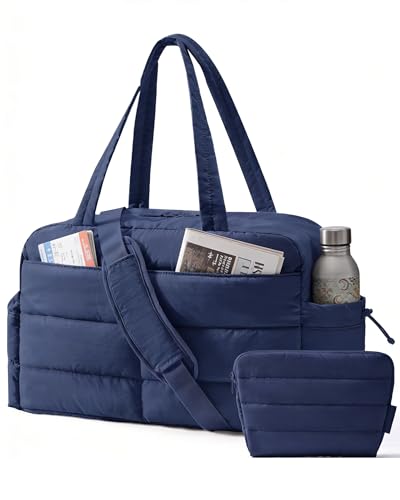 BAGSMART Gym Bag for Women, Lightweight Puffer Duffle Bag 2-PC Travel Bag, 31L Weekender Overnight Bag Quilted Carry On Tote Bag, Diaper Hospital Dance bag for Travel, Gym, Water Resistant, Navy Blue - color: Navy Blue