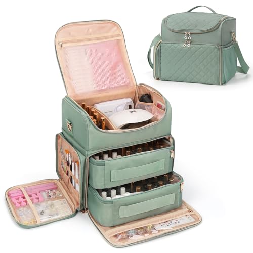Extra Large Nail Polish Organizer Case Holds 86 to 100+ Bottles Nail Polish & Nail Lamp, Nail Supplies Storage Carrying Bag with 2 Removable Pouches, Portable Nail Tech Travel Box (Green, 86 Slots) - color: Green, size: 86 Slots