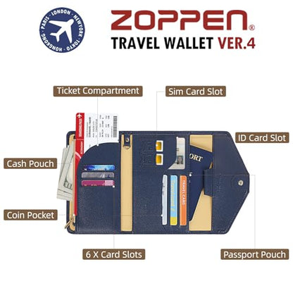 ZOPPEN Mulit-purpose Rfid Blocking Passport Holder Travel Wallet (Ver.4) Passport and Vaccine Card Holder ComboTri-fold Document Organizer Travel Essentials - color: #14 Blue