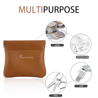 Travelambo Leather Squeeze Coin Purse Pouch Change Holder For Men & Women - color: Brown