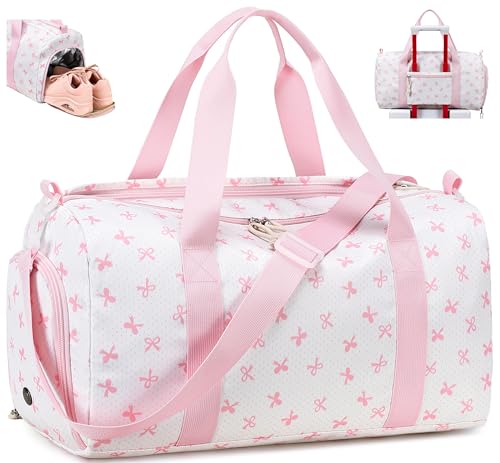 Gym Bag Duffle Bag with Wet Pocket Weekender Overnight Sports Duffels with Shoe Compartment for Girls Kids Women Travel Dance Cheer Bags (Pink Bow Pattern) - color: Pink Bow Pattern