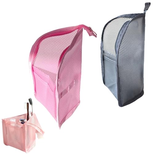2Pack Standing Toiletry Bag, 2026 New Portable Lightweight Travel Toiletry Bag, EVA Mesh Travel Toothbrush Storage Bag, Foldable Clear Hanging Small Makeup Bag Cosmetic Organiser Storage (Pink+Grey) - color: Pink+Grey