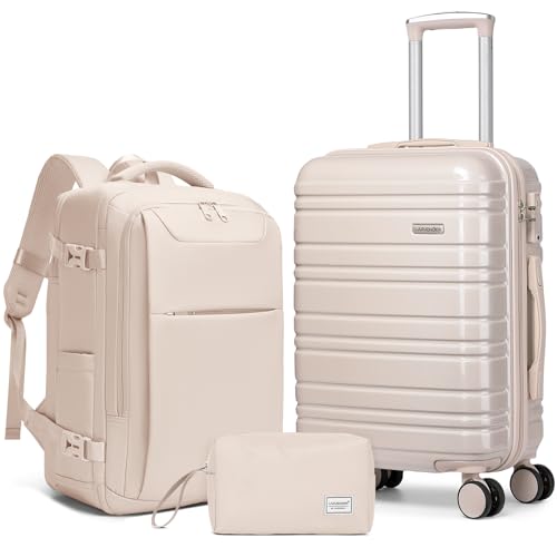 LARVENDER Carry on Luggage 22x14x9 Airline Approved Hardshell Suitcase with Wheels TSA Lock, PC+ABS Lightweight Suitcase Set for Women with Travel Backpack, Glossy Champagne - color: Glossy Champagne (XL-BP), size: 3 Piece Set (Backpack/TB/20)