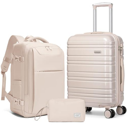 LARVENDER Carry on Luggage 22x14x9 Airline Approved Hardshell Suitcase with Wheels TSA Lock, PC+ABS Lightweight Suitcase Set for Women with Travel Backpack, Glossy Champagne - color: Glossy Champagne (XL-BP), size: 3 Piece Set (Backpack/TB/20)