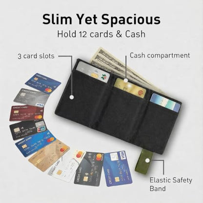 LIGHT FOLD Ultra Slim Tri-Fold Wallet with RFID Blocking, Lightweight Minimalist Men’s Wallet with Elastic Band, Waterproof Durable Nylon Fabric, Slim Front Pocket Card Holder Fits 12 Cards & Cash - color: Army Green