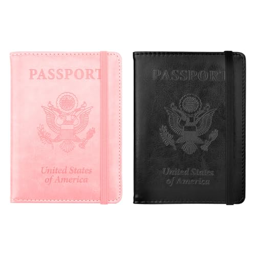 Passport Holder for Travel, 2 Pack Passport Cover, Waterproof Passport Wallet Leather Passport Holder Pen Holder Passport Holders for Women Men Family Travel Must Haves Essentials, Pink+Black - color: Pink+Black
