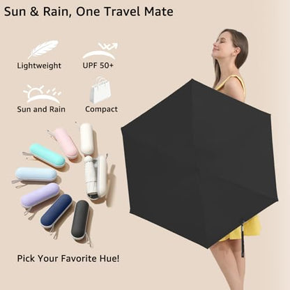 BAODINI Travel Essentials Mini Umbrella for Purse With Case Small Compact UV Sun Protection Lightweight Tiny Pocket Manual Open Close Umbrella for Women Kids and Men Fits Purse Backpack - color: A-2 Pack Black