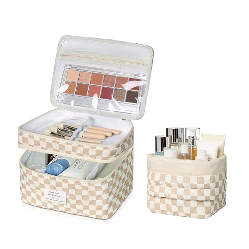 Gosect Makeup Bag, Quilted Cosmetic Bag Set, Drawstring Makeup Bag with Canvas Lining, Large Floral Toiletry Bag for Women Girls, Cute Cotton Flower Travel Organizer Bag (Brown Flower - color: Brown Flower
