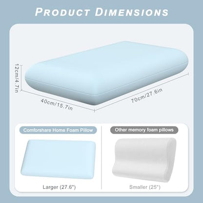 Blue Memory Foam Pillows Set of 2, Bed Pillows with Cooling Removable Cover, Neck Support for Back Stomach Side Sleepers, 2 Pack
