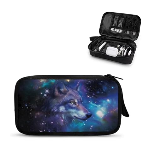 Wolf Print Travel Cable Organizer Bag, Shockproof Cord Organizer Travel for Women Men, Waterproof Electronic Organizer Cable Bag, Small Electronic Accessories for Cord, Charger - color: Purple-Wolf