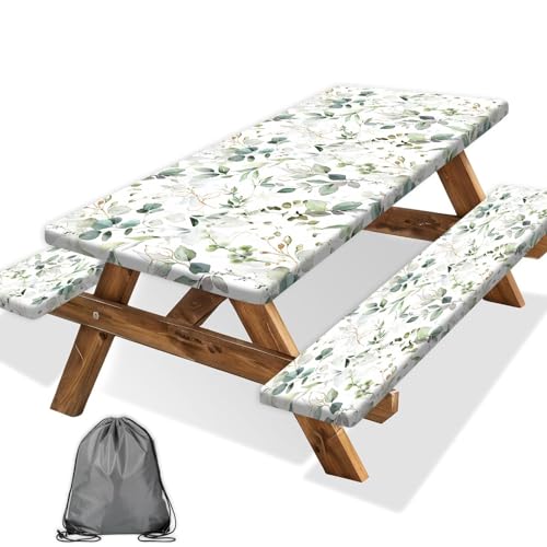 Picnic Table Cover with Bench Covers and Bag, Camping Essentials, Eucalyptus Leaves Outdoor Table Covers, Waterproof Windproof, Fitted Tablecloth Cover with Elastic Edge, 3 PCS, 30x96 Inch - color: Eucalyptus Leaves, size: 30" x 96"