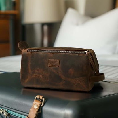 LEATHER VILLAGE Genuine Leather Travel Toiletry Bag - Water-Resistant Dopp Kit for Toiletries, Large Shaving Bag & Bathroom Organizer - Gift for Men & Women - Rustic Brown - color: Rustic Brown