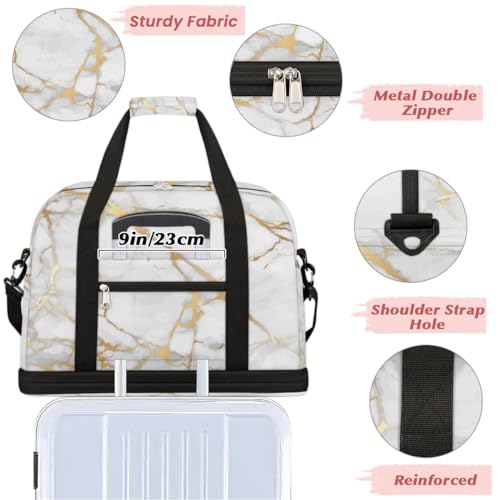 Travel Duffle Bags With Shoes Compartment for Women Men White Gold Marble Lightweigh Sports Tote Gym Bag Marble Foldable Canvas Weekender Overnight Carry On Luggage Handle Bag - color: Z01:White Gold Marble