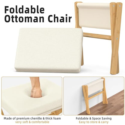 BAMBOOHOMIE Foldable Foot Stool Ottoman, Modern Foot Rest with Bamboo X Legs & Thick Foam Cushion, Folding Foot Stools Small Padded for Bedroom Living Room, Footstool for Chair Couch (Natural - Beige) - color: Natural - Beige