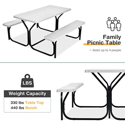 COSTWAY Outdoor Picnic Table, HDPE Plastic Picnic Table Bench Set with Weather Resistant Tabletop & Wood Texture, Ideal for Patio, Backyard (59" D x 54" W x 28.5" H,White) - color: White