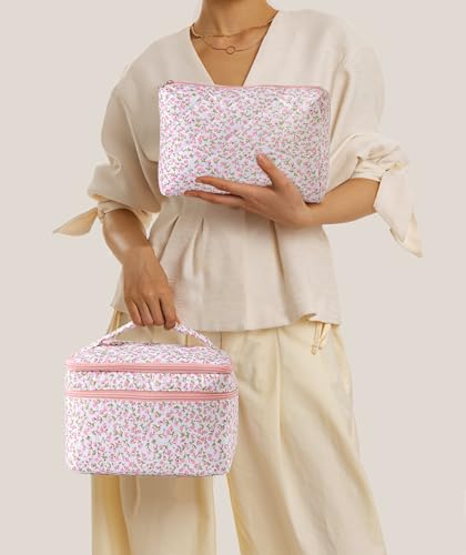 HBselect 2Pcs Travel Makeup Bag, Large Cotton Quilted Makeup Bag Cosmetic Bag Cute Make up Bag Toiletry Bags for Women Girls - color: 2PCS-FLOWER2