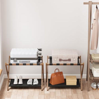Smuxee Walnut Bamboo Luggage Rack Pack of 2, Foldable Suitcase Stand with Storage Shelf, Easily Assembled Luggage Stand with 5 Nylon-Straps for Guest Room Hotel Bedroom - color: Walnut 2PCS