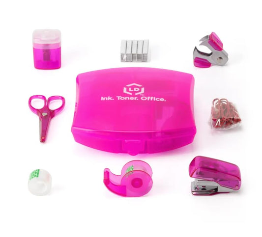 LD Products Pink Mini Office Supply Kit Portable Case with Scissors, Paper Clips, Tape Dispenser Set, Pencil Sharpener, Mini Stapler with Staples and Staple Remover - color: Pink
