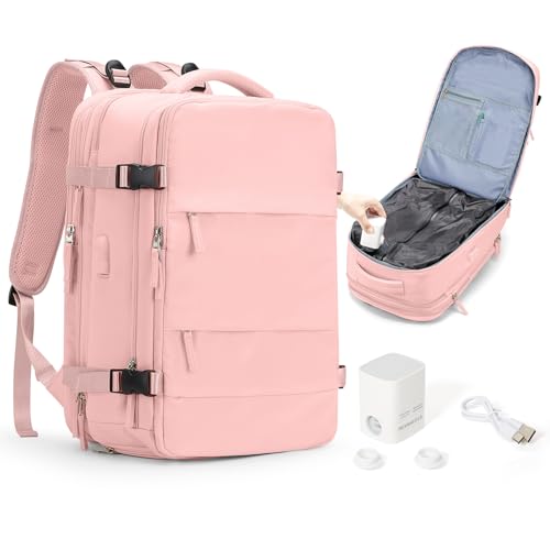 Vacuum Backpack Travel with Pump,Vacuum Seal Bags for Clothing Travel,18×14×8 Personal Item Travel Bag Flight Approved,Pink - color: A15-pink-with Pump