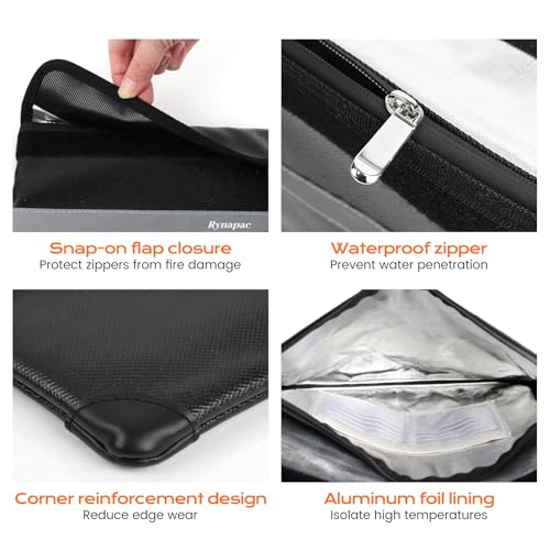 Rynapac Fireproof Money Bag Upgraded 4200°F, 11”x 6.2” Waterproof money bags with zipper for Travel/Office/Home, Small Fireproof Safe Pouch, Built-in 11 storage pockets for Phone, Cash, Passport, Card - size: 11'' x 6.2''
