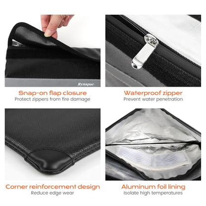 Rynapac Fireproof Money Bag Upgraded 4200°F, 11”x 6.2” Waterproof money bags with zipper for Travel/Office/Home, Small Fireproof Safe Pouch, Built-in 11 storage pockets for Phone, Cash, Passport, Card - size: 11'' x 6.2''