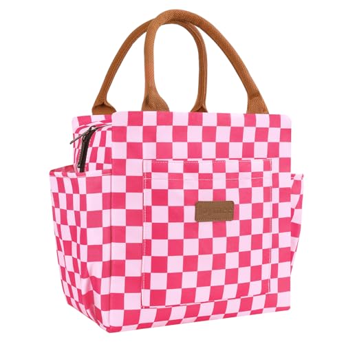Joymee Lunch Bag Women, Reusable Leakproof Cooler Tote - Checker Pink | Spacious Storage, Bottle Holder & Pockets, Leakproof Insulated, for Work, Travel, Picnic, Daily Use, for Adult - color: 04 Checker Pink