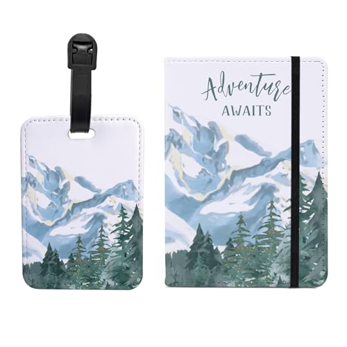 Passport Holder Set,Passport Holder and Luggage Tag,Cover for Men and Women,Wallet, Case,Travel Accessories（5.82 * 3.93 inch） - color: Snowy Mountain (Passport Holder + Luggage Tag)