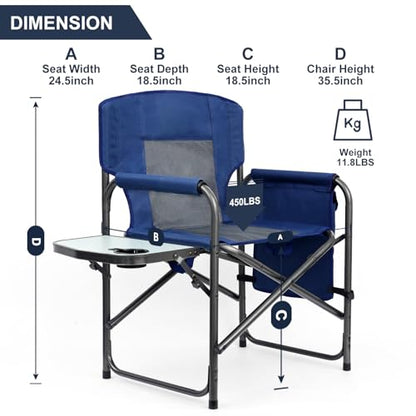 Yestomo Directors Chair, Camping Chairs for Adults, Heavy Duty Side Table, Lawn Chairs with Side Pockets Carry Straps - color: Dark Blue/Grey