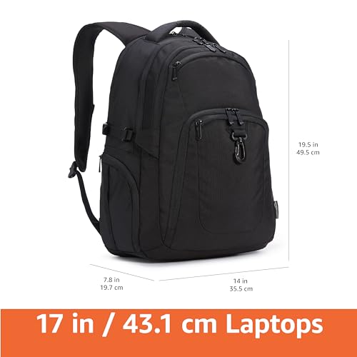 Amazon Basics Travel Laptop Backpack with Multiple Pockets and Compartments for 17 in / 43.1 cm Laptop, Water Resistant, Spacious with Padded Shoulder Straps, Black - size: 17"