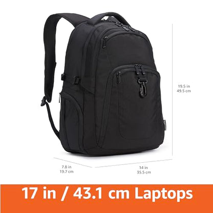 Amazon Basics Travel Laptop Backpack with Multiple Pockets and Compartments for 17 in / 43.1 cm Laptop, Water Resistant, Spacious with Padded Shoulder Straps, Black - size: 17"