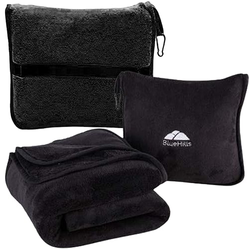BlueHills Premium Soft Travel Blanket Pillow Airplane Blanket Packed in Soft Bag Pillowcase with Luggage Sleeve Compact Pack Large Traveling Packable Lightweight Gifts Black T008 - color: Black-1pk-t008