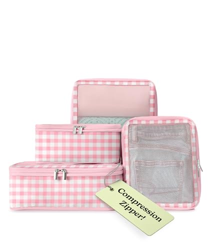VANDEL Space-Saving Compression Packing Cubes for Kids + Women, Compressible Carry On Suit Case Organizer Luggage Kids Packing Cubes for Baby Bag Organizer Pouches for Luggage, Treavel Suitcase Cube - color: 4. Pink Gingham, size: 4 Packing Cubes