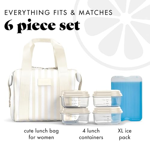 Fit & Fresh Remi Lunch Bag for Women Work – Neoprene Lunch Tote with Containers & Ice Pack, Reusable Meal Prep Lunch Box, Large Capacity, Machine Washable, Ivory Stripe - color: Ivory Stripe