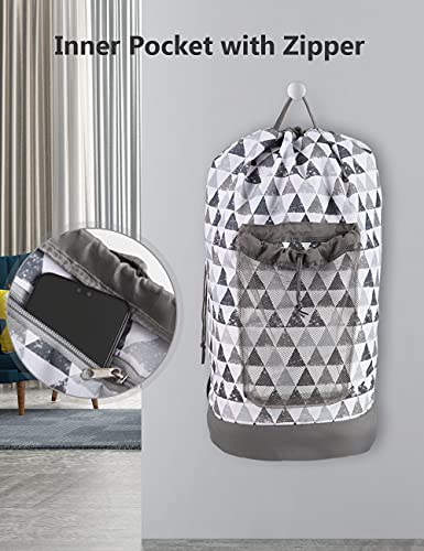 Dalykate Backpack Laundry Bag, Laundry Backpack with Shoulder Straps and Mesh Pocket Durable Nylon Clothes Hamper Bag with Drawstring Closure for College, Travel, Laundromat, Apartment - color: Triangle Grey