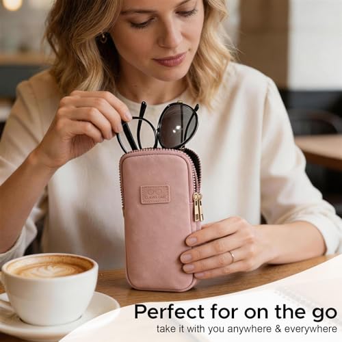 KINIVA Double Eyeglass Case for Men Women, 2-in-1 PU Dual Sunglasses Case, Scratch-Proof Travel Eyeglass Holder for Purse Car - style: Pink Matte