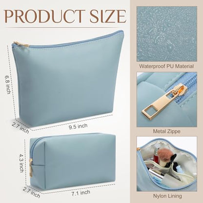 Kigeli 2 Pcs PU Leather Makeup Bag Set for Women Waterproof Aesthetic Cosmetic Bag Large & Small Travel Toiletry Organizer Pouch Skincare Organizer Bridesmaid Mother's Day Birthday Gift(Blue) - color: Blue