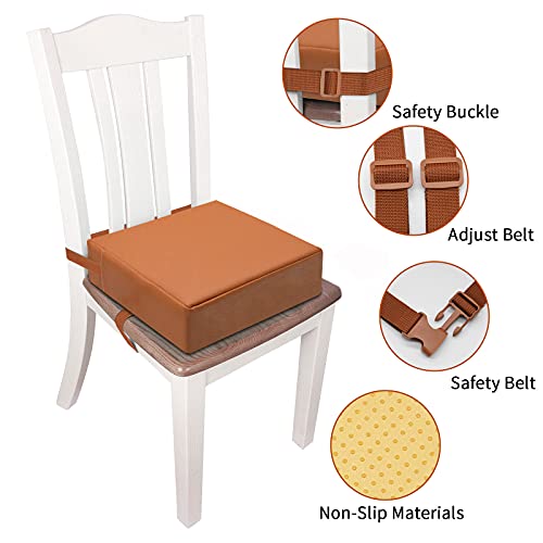 Toddler Booster Seat for Dining Table, PU Washable Double Safe Straps Non-Slip Bottom Booster Seat Dining Toddler, Portable Travel Increasing Cushion (Brown) - color: Brown