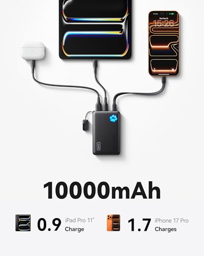 INIU 45W Fast Charging Portable Charger, 40% Smaller 10000mAh with Detachable Cable, Flight-Safe Travel Power Bank, USB C External Phone Battery Pack for iPhone 17 16 Pro iPad Samsung S26 Google etc - color: Black