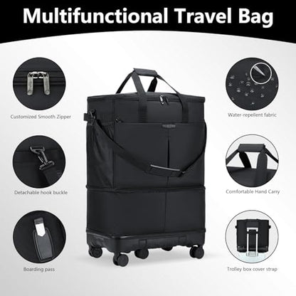 Large Capacity Rolling Duffle Bag with Detachable Wheels,Expandable Foldable Suitcase for Travel,Collapsible Luggage Duffel Overnight Weekend Bags without Telescoping Handle - color: Black