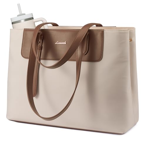 LOVEVOOK Laptop Tote Bag for Women 15.6 Inch, Water-Resistant Work Tote Bag Large Capacity Computer Bag Briefcase Handbag - color: Off White & Brown, size: 15.6Inch