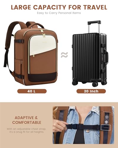 LOVEVOOK Travel Backpack for Women, 40L Carry On Backpack Flight Approved, Large Personal Item Bag Fits 17 inch Laptop, TSA Approved Luggage with 3 Packing Cubes,Waterproof Weekender Gym Essentials - color: Beige-brown, size: 40L