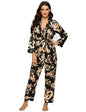 Escalier Women's Silk Satin Pajamas Set 3 Pcs Floral Silky Pj Sets Sleepwear Cami Nightwear with Robe and Pant - color: Black, size: Large