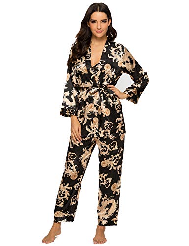 Escalier Women's Silk Satin Pajamas Set 3 Pcs Floral Silky Pj Sets Sleepwear Cami Nightwear with Robe and Pant - color: Black, size: XX-Large