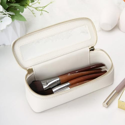 Aveniee Clear Makeup Brush Bag,Slim Cosmetic Brush Holder,Small Toiletry Bag Mini Travel Case for Women,Thin Make up Bags with Dual Zipper,Cute Travel Essentials Organizer,White - color: Off-White, style: Slim Elegance