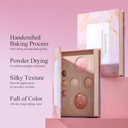 All-in-One Baked Makeup Palette with 3 Eyeshadows, 2 Highlighters, 1 Blush & 1 Bronzer - Highly Pigmented, Silky Smooth, Easy to Blend Full Face Make Up Pallet, Travel-Friendly Makeup Kit (01) - color: 01