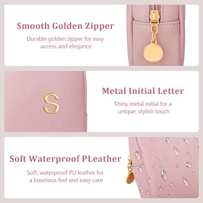 Personalized Birthday Gifts for Women - Initial Makeup Bag Set Travel Toiletry Bag Cosmetic Bags Soft Waterproof PU Leather Makeup Pouch Travel Essentials (S, 1pc Pink) - size: 1pc Pink, style: S