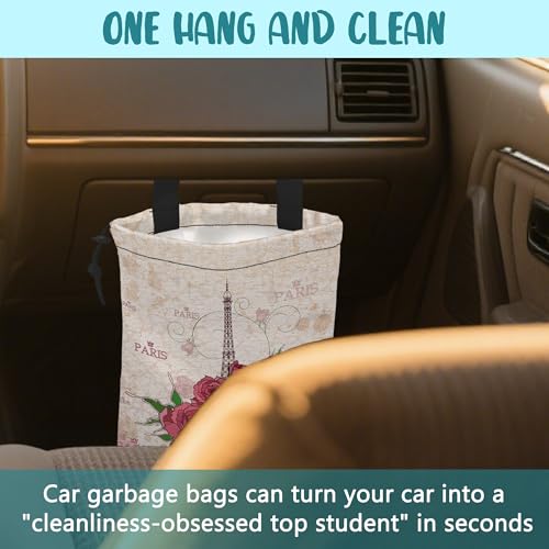 Car Trash Bag Pink Eiffel Tower and Roses Leak-Proof Waterproof Car Garbage Bag with Drawstring Foldable Canvas Trash Bin with Adjustable Buckle for Car Accessories, Travelling, Camping - color: Pink Eiffel Tower and Roses