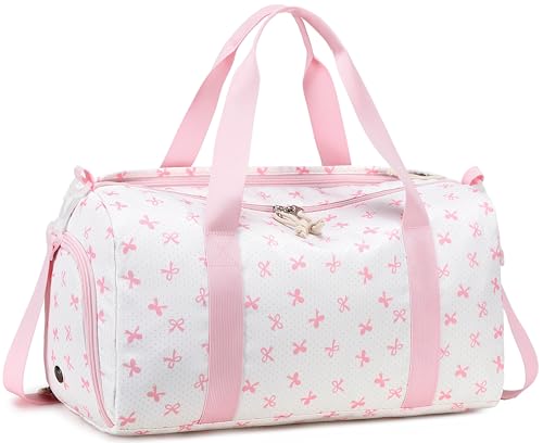 Gym Bag Duffle Bag with Wet Pocket Weekender Overnight Sports Duffels with Shoe Compartment for Girls Kids Women Travel Dance Cheer Bags (Pink Bow Pattern) - color: Pink Bow Pattern